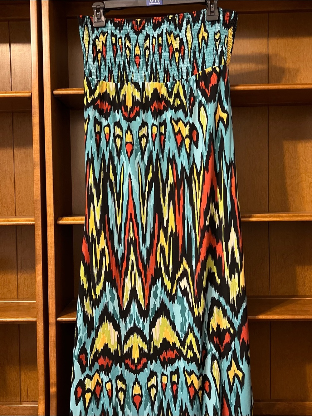 Nicole Miller Boho Smocked Maxi Dress-Strapless Whirlwind IKAT Print Sz Large